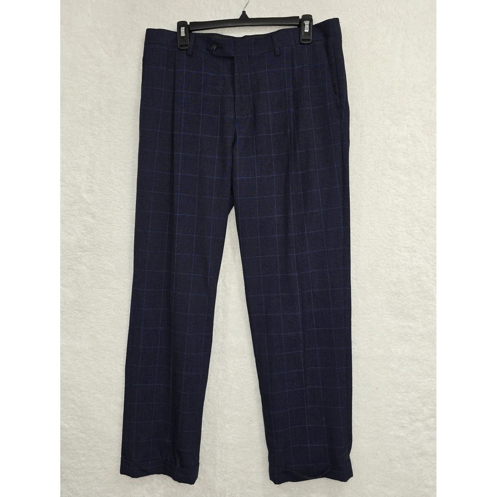 Sean John Men's Navy Blue Plaid Dress Pants Size 34x30 Cuffed Check‎ Pattern